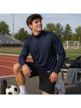 Reebok Mens Blue Long Sleeve 1/4 Zip Performance Top L Soccer Jogging Athleisure